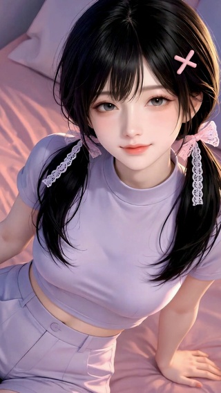 粉色卧室双马尾清纯美女