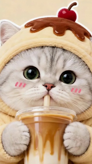 可爱布丁猫咪喝奶茶