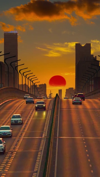 夕阳下汽车的双向道