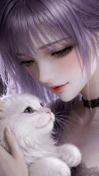 紫发少女与可爱白猫