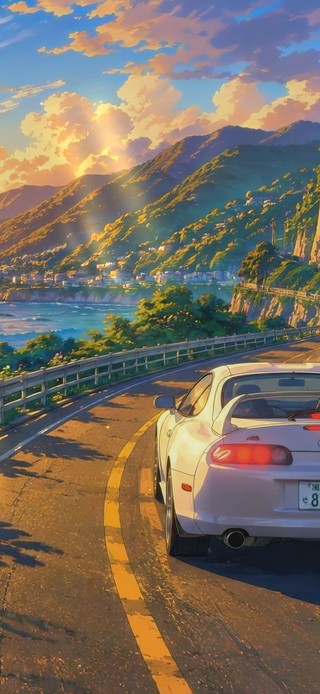 日落海岸的白色跑车