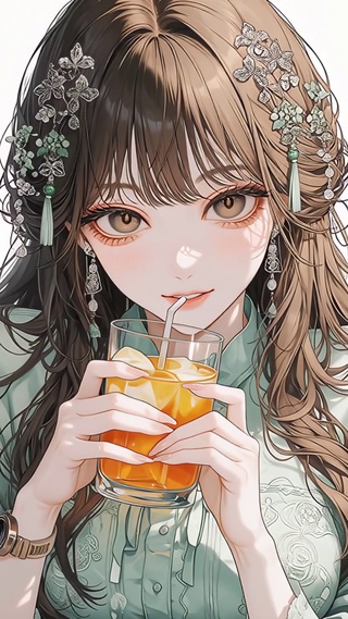 喝橙汁的美女