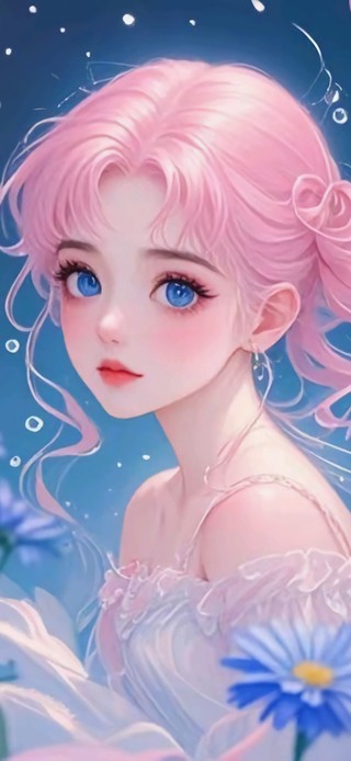 花漾壁纸|蓝花环绕的粉发少女