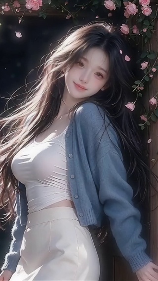 小院蔷薇花前的少女