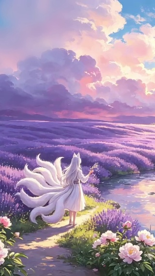 薰衣草花海边的九尾白狐