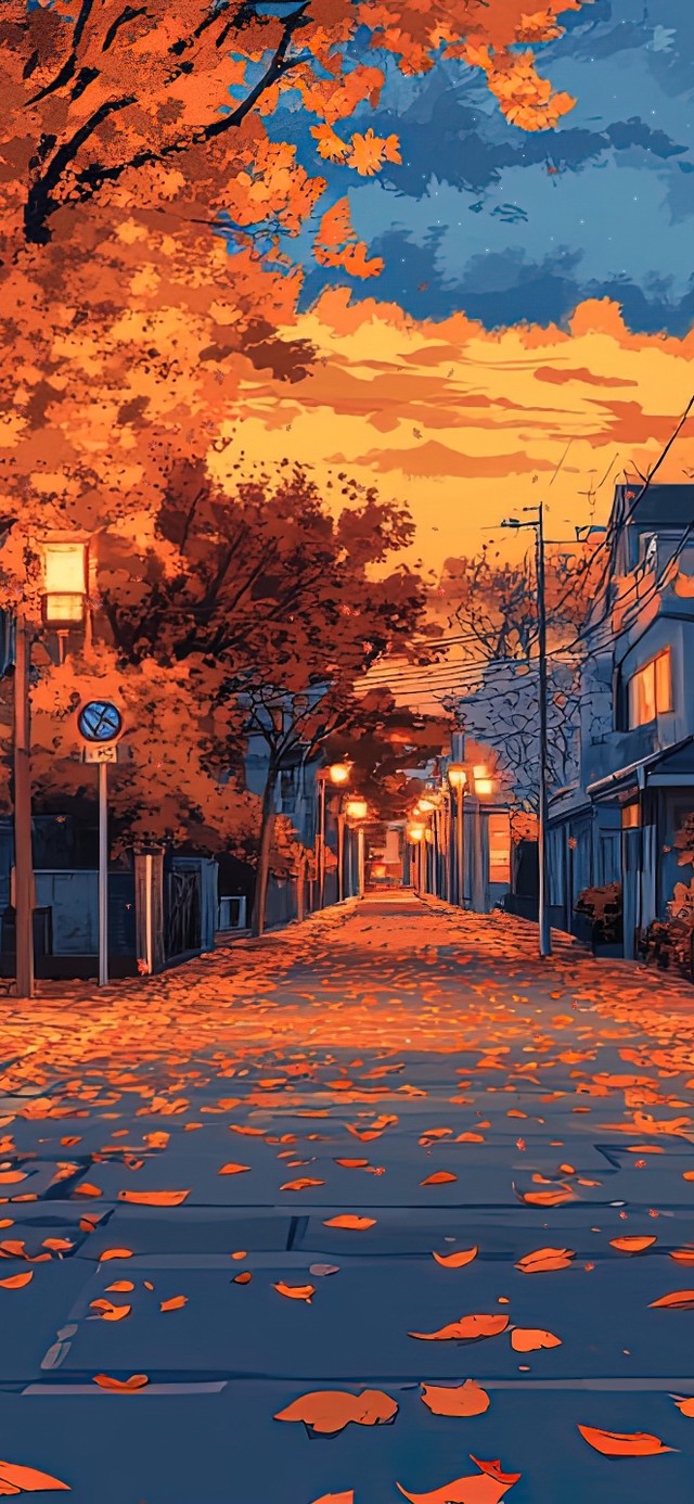 秋日落叶晚霞温馨街景