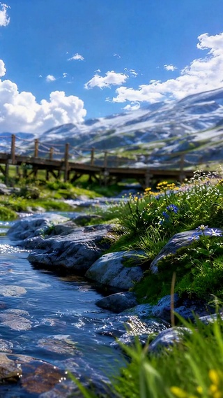 清新山间溪流木桥风景
