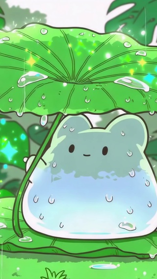 荷叶伞下的雨中小精灵