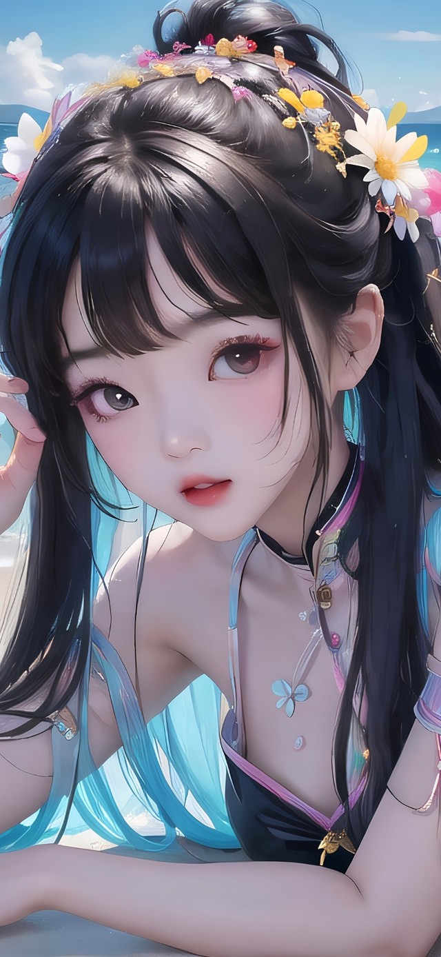 4k海边碎花裙女孩