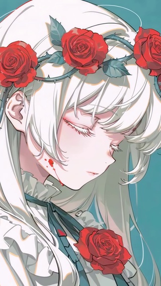 红玫瑰荆棘冠白发少女