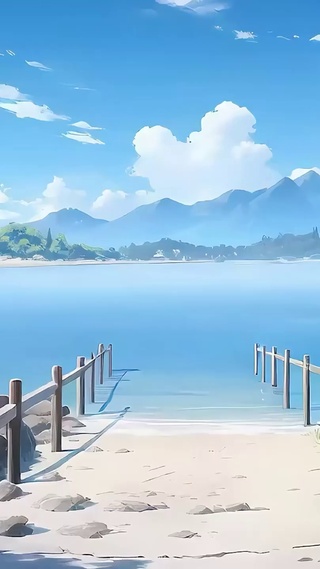 蓝天白云海景树木