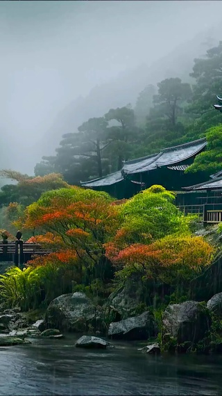 雨天云雾山庄河流