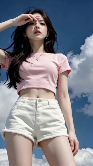 蓝天白云下的清纯美少女