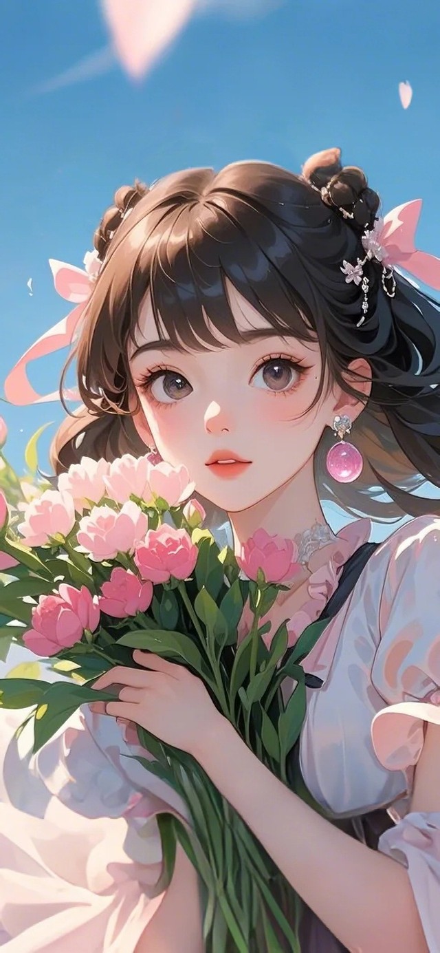 单手捧鲜花女孩