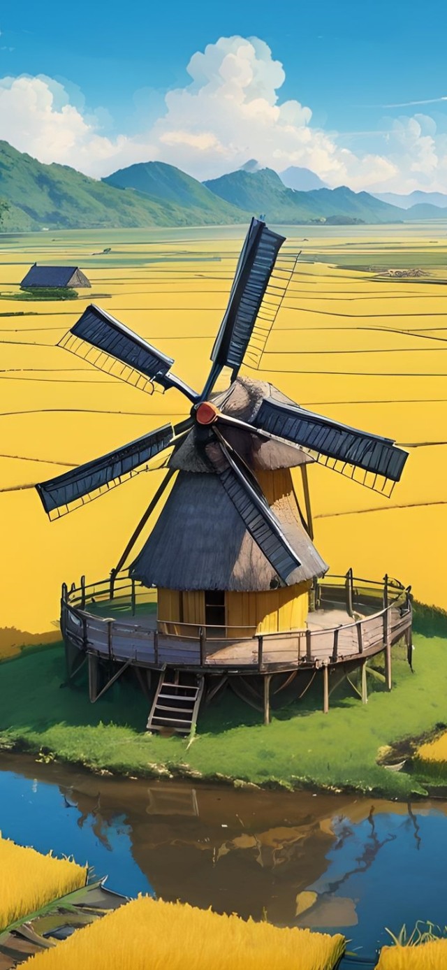 金色稻田中的风车小屋