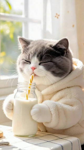 猫咪早餐喝牛奶