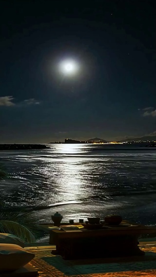 夜晚海边别墅风景