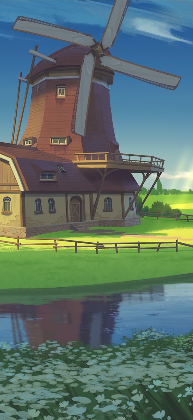 4K唯美治愈草原河流风车木屋