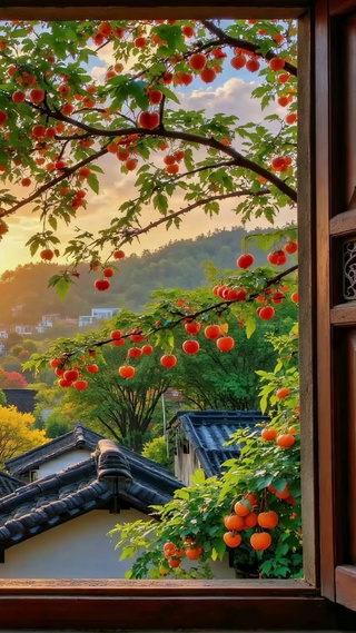 推窗见落日柿红秋景