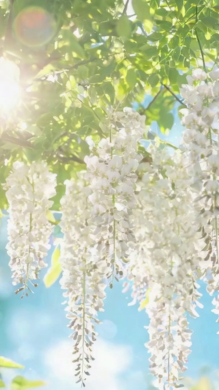 晴空暖阳下的白紫藤花