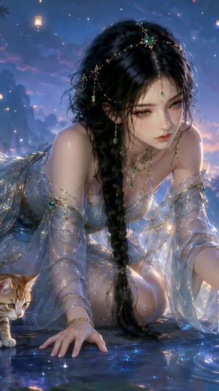 星夜湖畔古风女神与橘猫