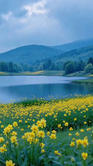 静谧湖畔黄花山野风景