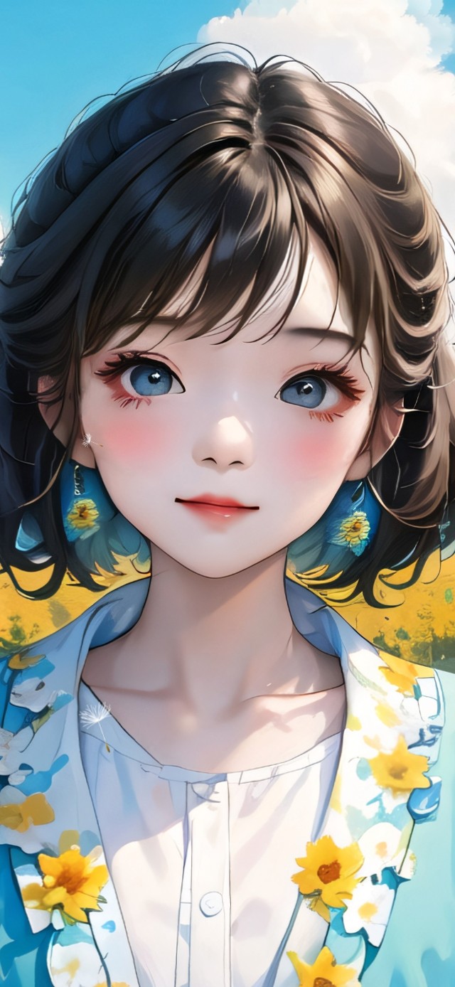 向日葵花田中的可爱女孩