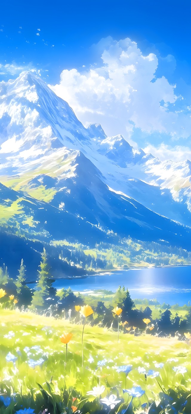 唯美的草原雪山