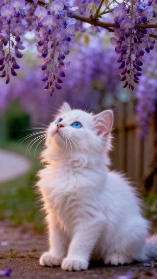 紫藤花下的蓝眼萌白猫