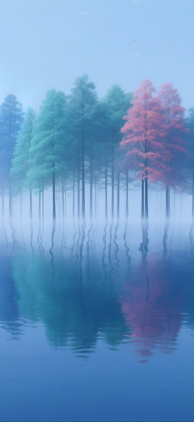 极简风朦胧感湖中仙树