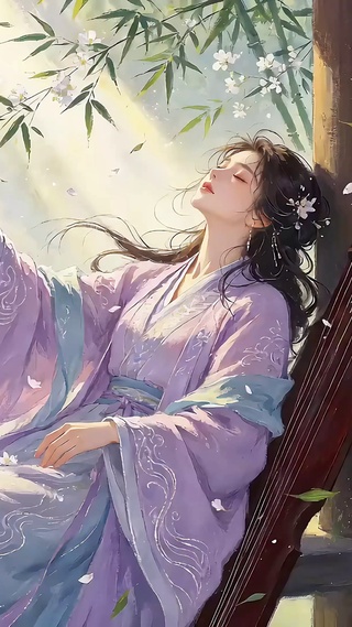 曦光竹影紫衣少女