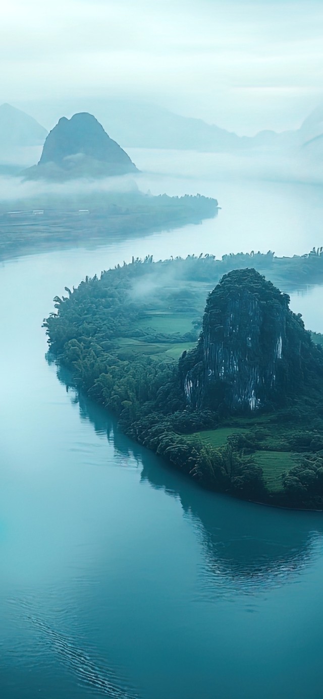迷雾江面山峰