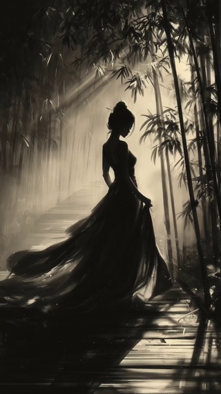 循环竹林少女背影