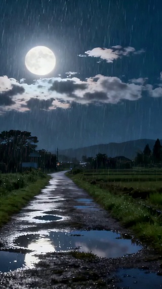 雨夜满月乡野风景