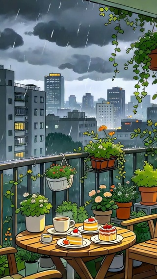 雨天暖居阳台城市雨景插画