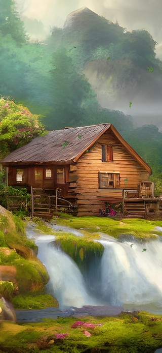 瀑布旁的小木屋