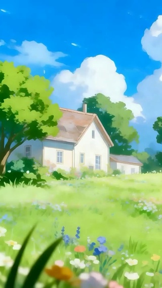 护眼白云树木房屋