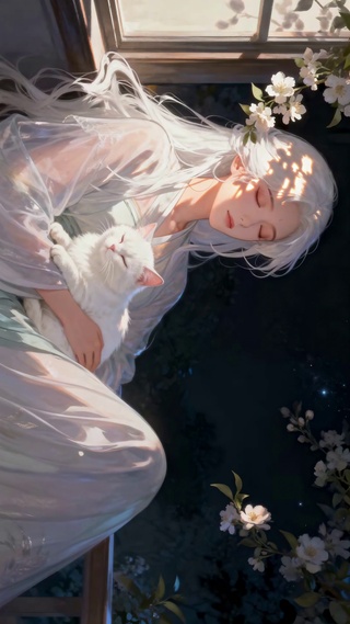 国风古风白发女孩与白猫惬意夜晚