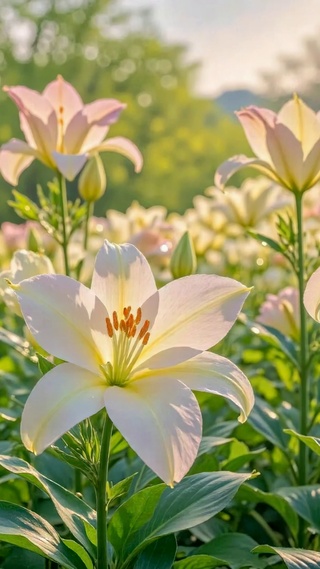 晨光下的清新百合花园