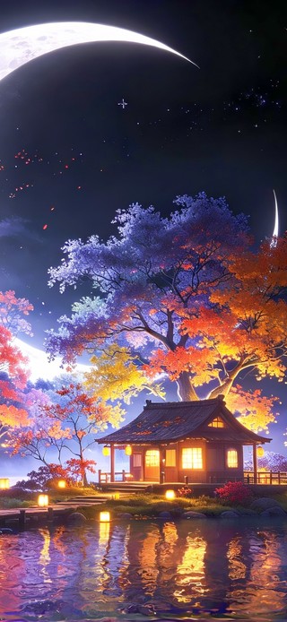 月下彩林小屋