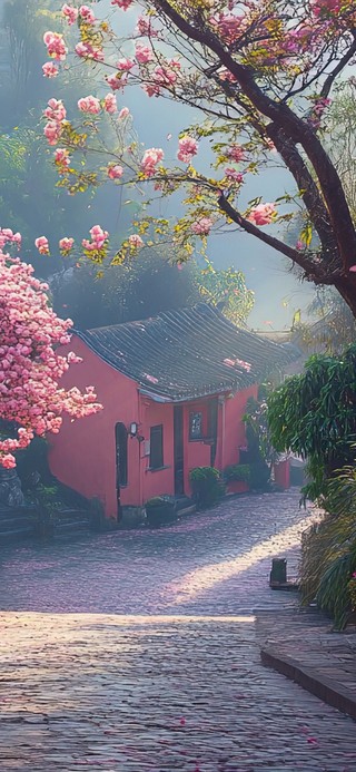静谧无人彩色樱花小镇
