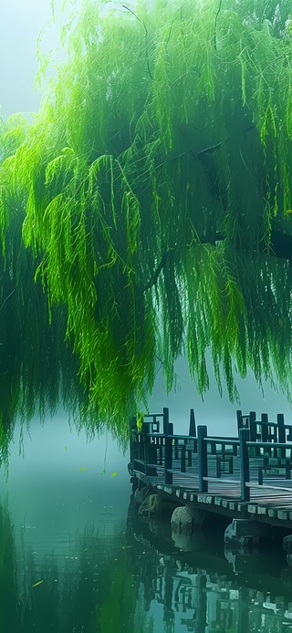 湖边绿色垂柳