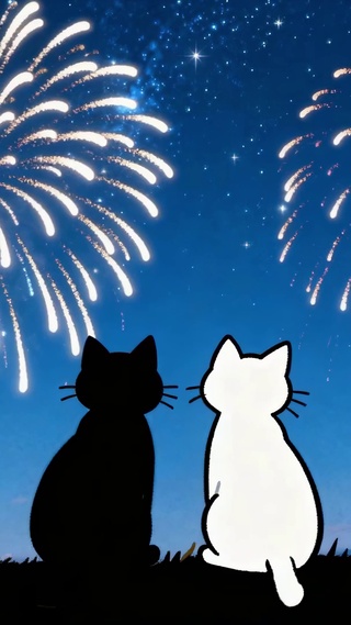 烟花下的双猫