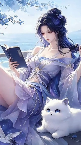 湖边读书的古风少女