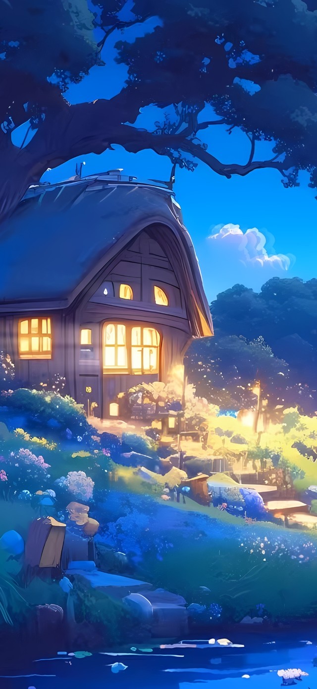 夜晚草原河流小屋