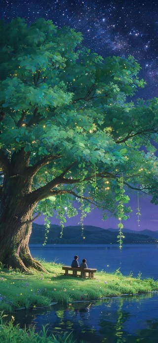 月夜湖边