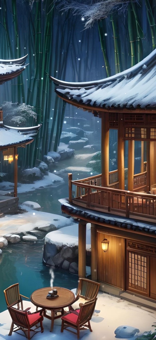 竹林夜晚雪中小院(风景手机动态壁纸) - 风景手机壁纸下载 - 元气壁纸