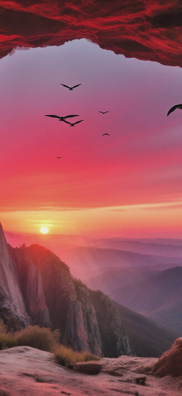 壮丽山景 山洞里的日落浪漫时刻