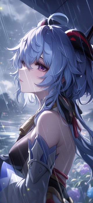 雪墨壁纸丨甘雨丨雨中湖畔丨