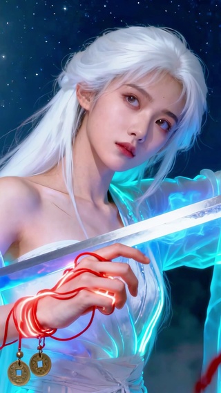 月光古风红线白发女孩荧光特效